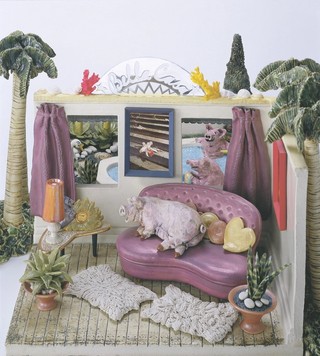 Sandra Taylor, New South Wales Australia b.1942 / Sculpture: Bella casa 1978-79 / Stoneware, slab built and modelled with overglaze colours and lustres with aluminium, shells, coral and framed prints / 32 x 64 x 70cm (complete, approx.); house: 31 x 40.9 x 30.9cm; pool: 26 x 42 x 34cm; four palms: 30 x 22 x 14cm (approx.); three palms: 32 x 41 x 9.5cm (approx.) / Purchased 1980 with the assistance of the Crafts Board of the Australia Council / Collection: Queensland Art Gallery | Gallery of Modern Art / © QAGOMA