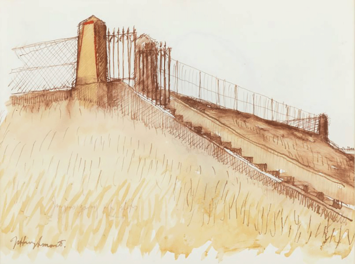 Jeffrey Smart, Australia/Italy 1921-2013 / Study for The reservoir, Centennial Park 1987 / Pen and red and brown ink on white paper / 17.5 x 23.0 cm / Gift of Gioconda Pty Ltd 2017. Donated through the Australian Government’s Cultural Gifts Program in memory of the artist / Collection: Art Gallery of New South Wales / © Jeffrey Smart Estate