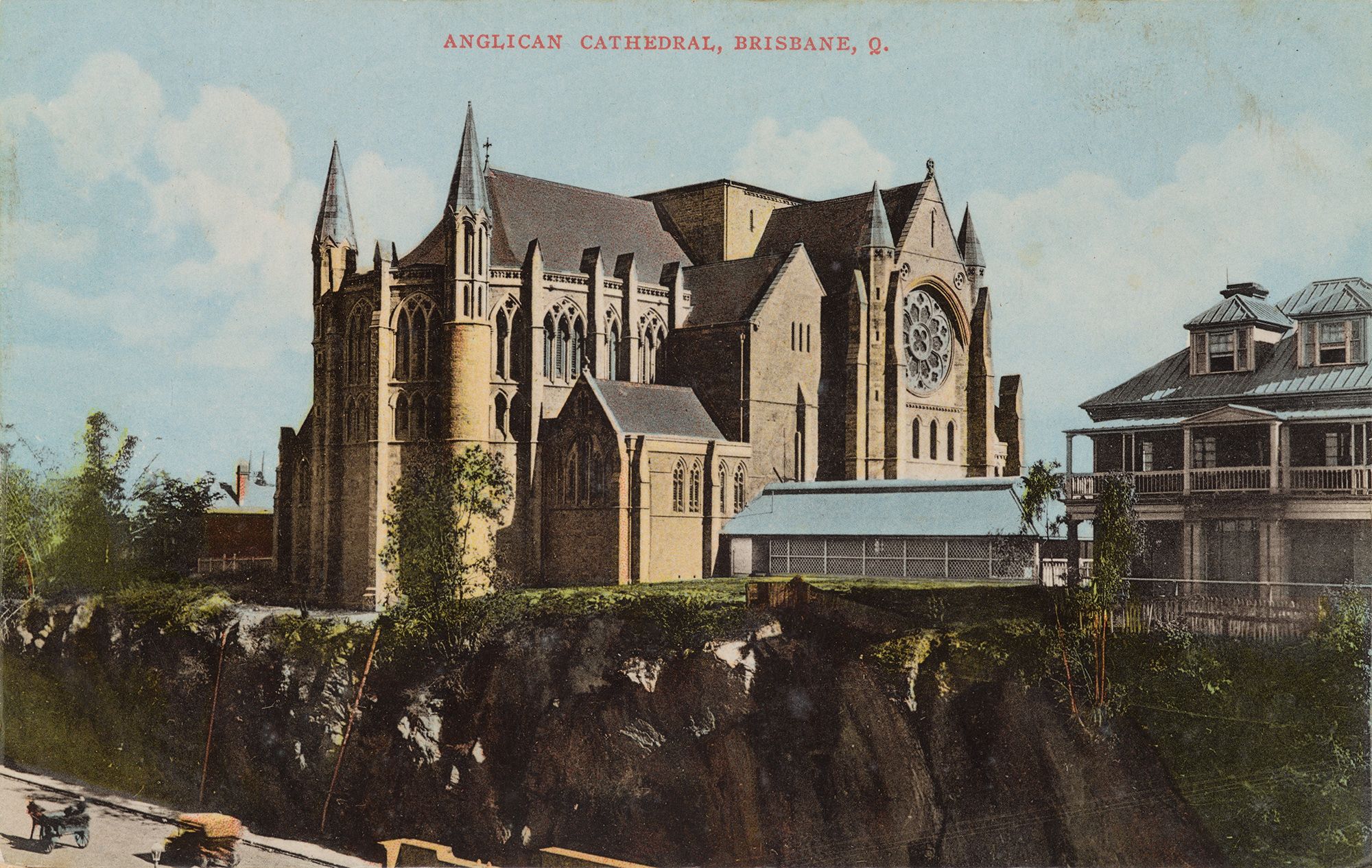 St. John's Cathedral opened in stages, with the first section consecrated in 1910 / Anglican Cathedral, Brisbane, Q. (from 'EDCO' series) c.1910 / Postcard: Colour lithograph on paper / 8.8 x 14cm / Gift of Glenn R Cooke through the QAGOMA Foundation 2014 / Collection: Queensland Art Gallery | Gallery of Modern Art