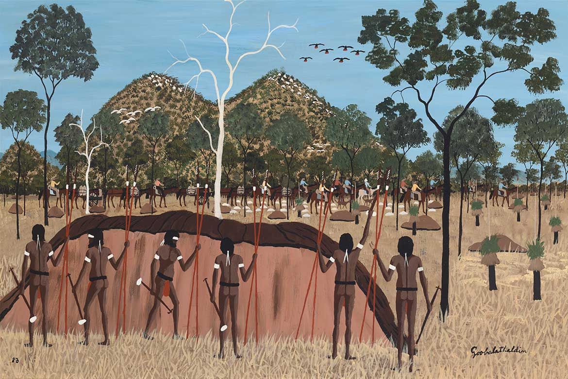 Goobalathaldin Dick Roughsey, Lardil people, Australia 1924-85 / Strange procession passing by (from ‘Jackey Jackey and Kennedy’ series) 1983 / Oil on board / 60 x 90cm / Gift of Barbara Blackman through the QAG Foundation 1998 / Collection: Queensland Art Gallery | Gallery of Modern Art / © Estate of Dick Roughsey Estate/ Copyright Agency