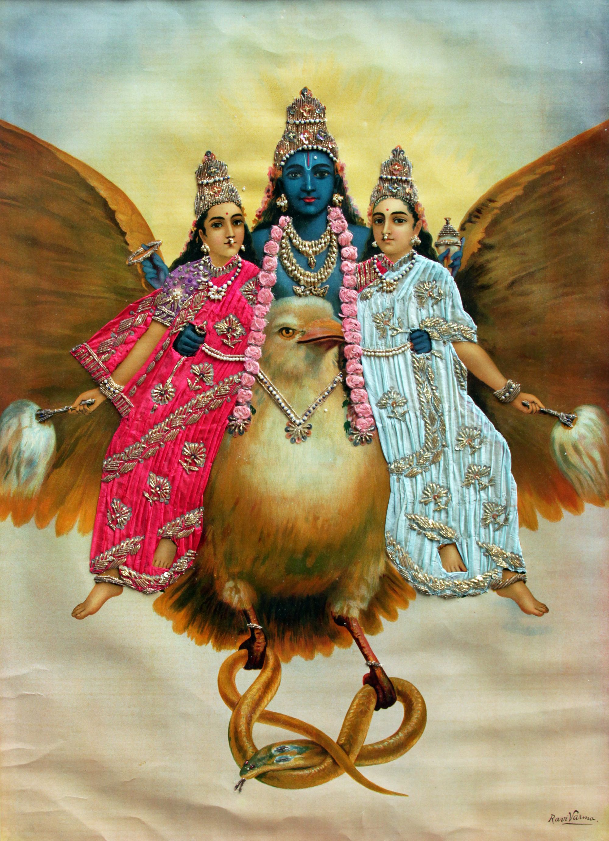 Raja Ravi Varma, India 1848–1906 / Ravi Varma Press, Karla-Lonavla, India / Vishnu-Garud Wahan printed 1894–1930 / Oleograph with Zardosi embroidery / 71.12 x 50.8cm / Purchased 2024 with funds from the Henry and Amanda Bartlett Trust through the QAGOMA Foundation / Collection: Queensland Art Gallery | Gallery of Modern Art