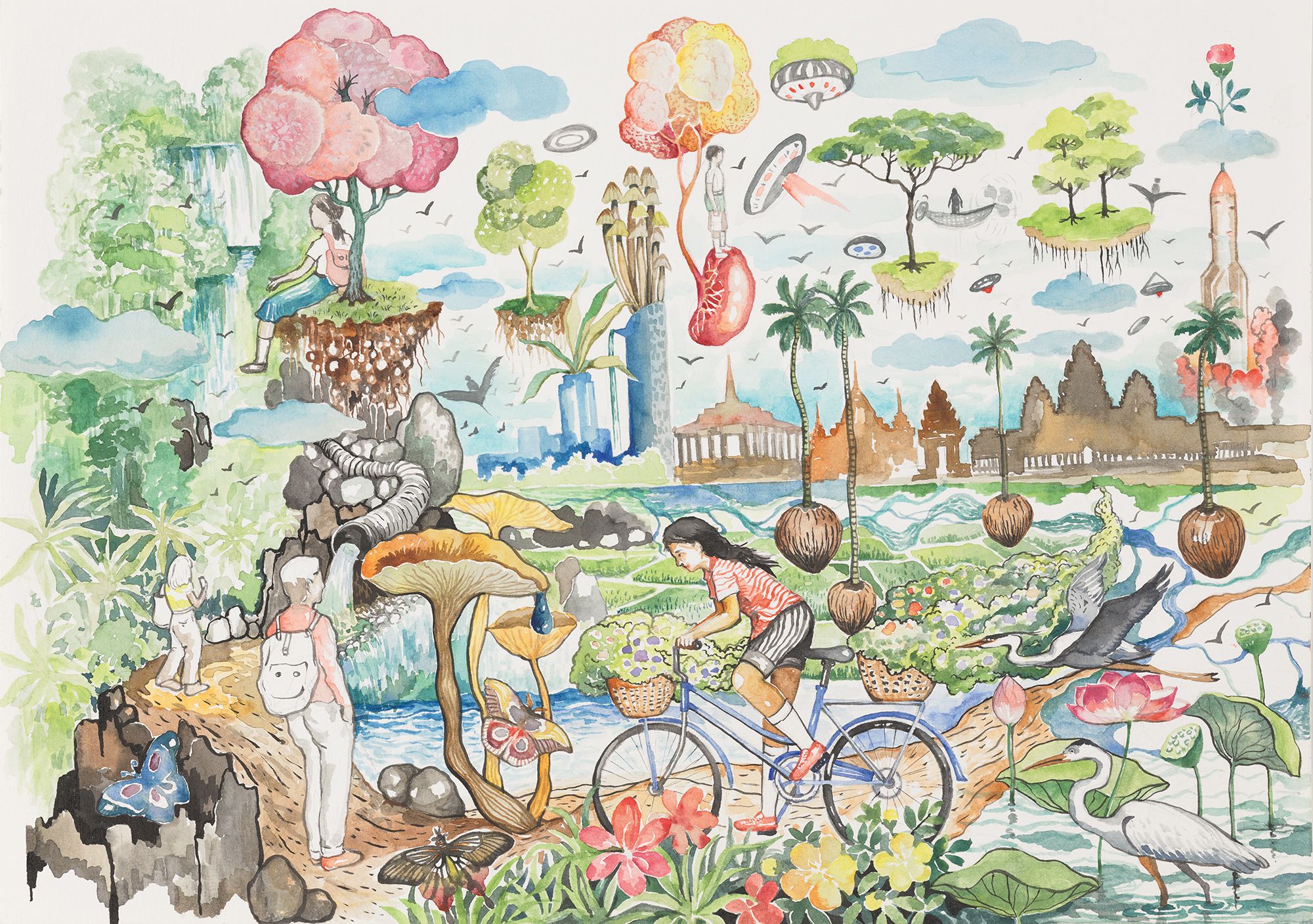 Yim Maline, Cambodia b.1982 / Harmony (detail) 2024 / Watercolour on paper / Created as part of A Dream for the Future 2024, commissioned for Asia Pacific Triennial Kids with the support of the Tim Fairfax Family Foundation / © Yim Maline