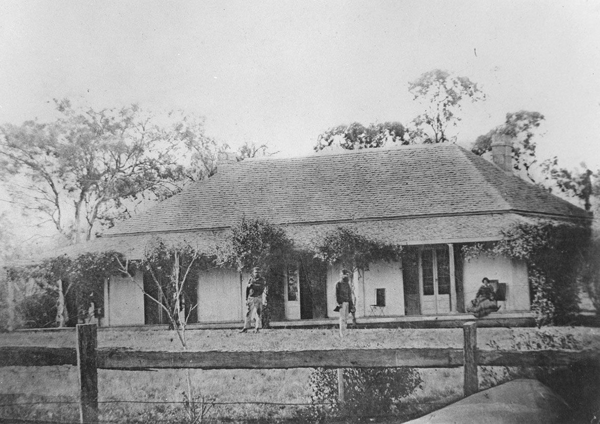 Canning Downs station homestead ca.1859. This cottage was erected 1845-46 by the Leslie brothers. It became the residence of George Leslie and his wife in 1846. Between 1854 and 1867, the cottage was inhabited by a new owner and a relataive of the Leslies, Gilbert Davidson. The cottage was built of wood, painted white and inside was lined with canvas and room wallpaper. It was surrounded by a white verandah / Davidson, together with his brother Walter and general manager, Captain Daveney, brought Canning Downs Station to the height of its prosperity / 45425 / Courtesy: State Library of Queensland, Brisbane