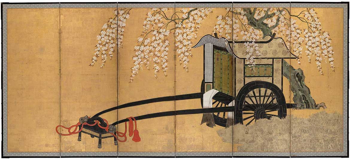 Unknown, Japan / Six-fold screen with nobleman’s cart under a flowering cherry tree c.1650 / Gold leaf, ink and colour on paper on wooden framed screen / 167.5 x 392cm (overall); 167.5 x 64.6 (each panel) / Bequest of James Fairfax AC through the QAGOMA Foundation 2018 / Collection: Queensland Art Gallery | Gallery of Modern Art