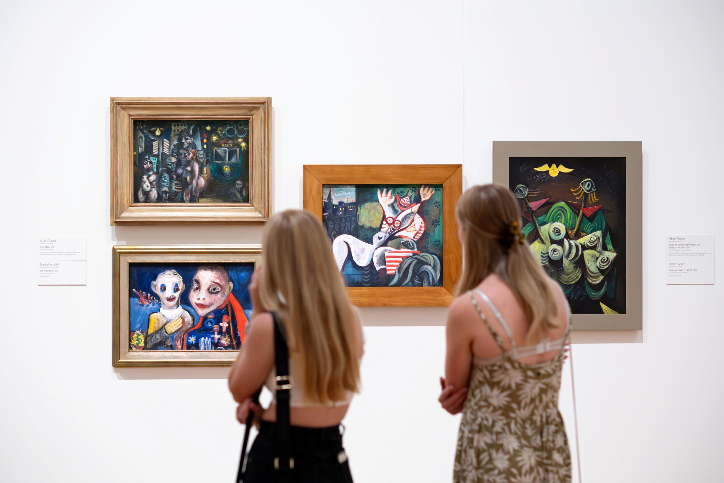 Top left: Albert Tucker, Australia 1914–1999 / Tramstop 1946 / Gift of the artist through the QAGOMA Foundation 1995. Celebrating the Queensland Art Gallery's Centenary 1895-1995 / Collection: QAGOMA © Albert Tucker Estate



Bottom left: Danila Vassilieff, Russia/Australia 1897–1958 / Harry and Ike 1952 / Purchased 1984 / Collection: QAGOMA / © Danila Vassilieff Estate



Centre: Albert Tucker, Australia 1914–1999 / Study for ‘Images of modern evil: Spring in Fitzroy’ 1943 / Purchased 1995 with a special allocation from the Queensland Government. Celebrating the Queensland Art Gallery's Centenary 1895-1995 / Collection: QAGOMA © Albert Tucker Estate



Right: Albert Tucker, Australia 1914–1999 / Image of modern evil 29 1946 / Taylor Family Collection