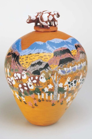 Hermannsburg Potters, Australia NT est.1990 / Irene Mbitjana Entata, Arrernte/Luritja people, Australia 1946–2014 / Pot: Cows 2000 / Earthenware, hand-built terracotta clay with underglaze colours / 36.5 x 29cm (diam.) (complete); pot: 29.7 x 29cm (diam.); lid: 7.5 x 12.5 x 8.5cm / Purchased 2002 with funds derived from the Cedric Powne Bequest / Collection: Queensland Art Gallery | Gallery of Modern Art / © Irene Mbitjana Entata
