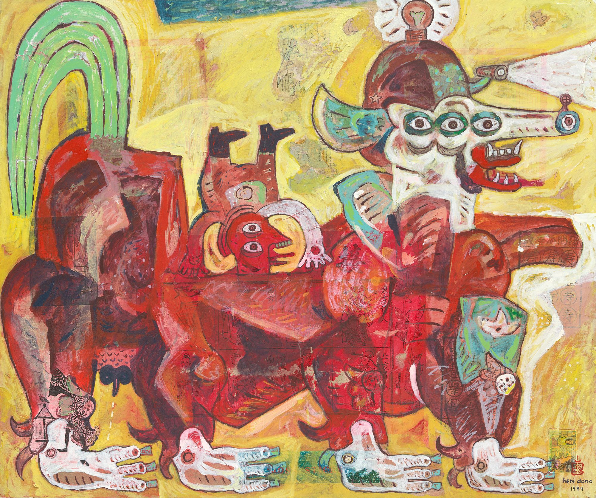 Heri Dono, Indonesia b.1960 / Ada meriam di muka ku (There is a cannon on my face) 1994 / Synthetic polymer paint and collage on cardboard / 66 x 77cm / Purchased 1995.QAG Foundation / Collection: Queensland Art Gallery | Gallery of Modern Art / © Heri Dono