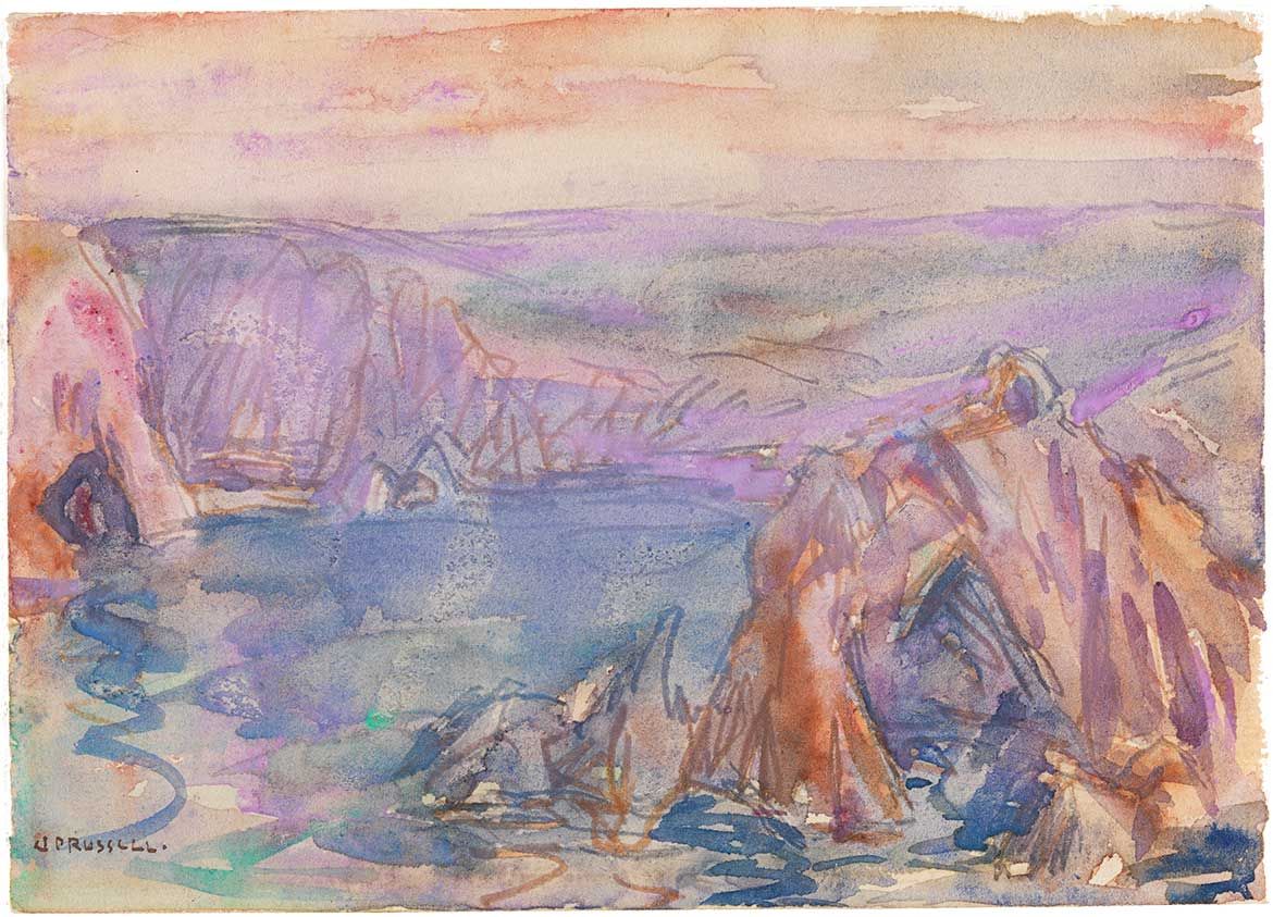 John Russell, Australia/France 1858-1930 / Belle-Ile c.1888-1909 / Watercolour with gouache, over and with pen and brown ink on paper / 12.8 x 17.9cm / Purchased 1989 from the estate of Lady Trout with a special allocation from the Queensland Government / Collection: Queensland Art Gallery | Gallery of Modern Art