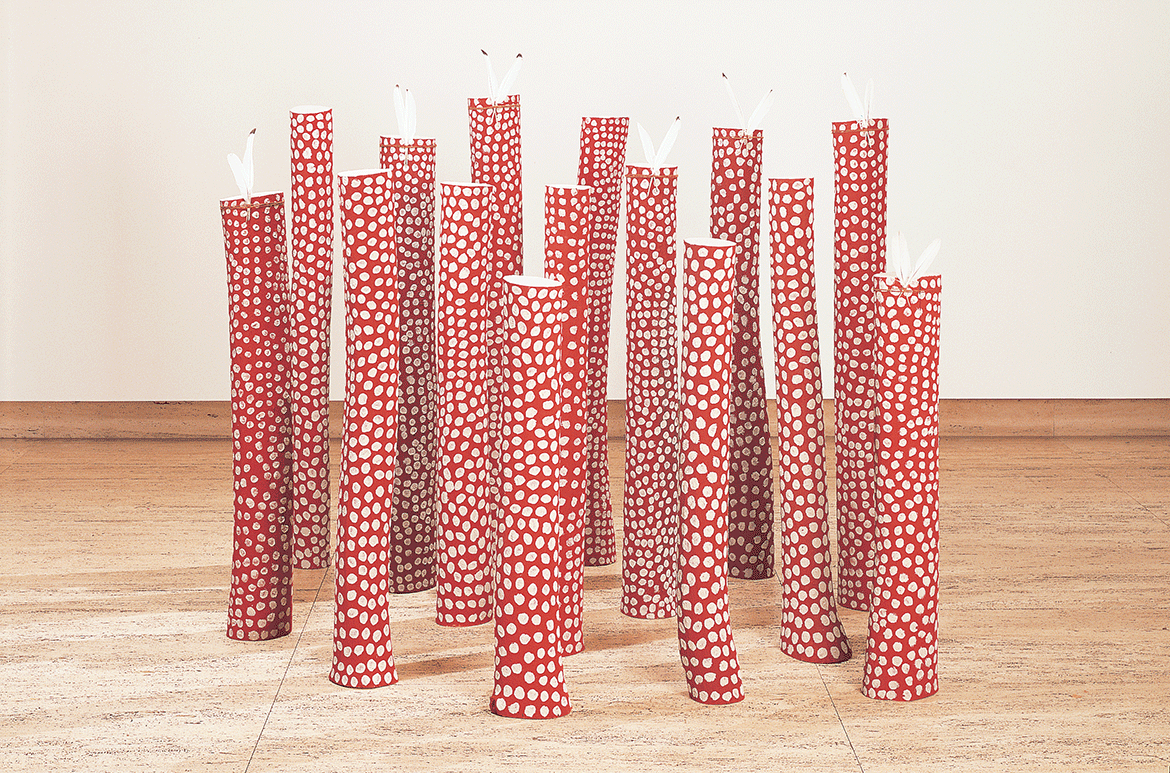 Ron Yunkaporta, Wik-Ngathan people, Australia b.1956/ Thuuth thaa’ munth (Law poles) 2002-03 / Cottontree wood (Hibiscus tiliaceus), ibis feathers, bush string with natural pigments / 15 components: 159 x 250 x 250cm (installed) / Acc. 2003.171a-o / Collection: Queensland Art Gallery | Gallery of Modern Art / © Ron Yunkaporta
