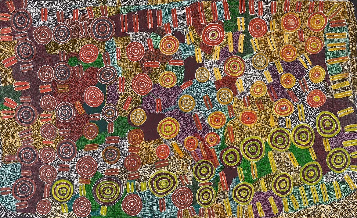 Jimija Jungarrayi Spencer, Collaborating artist, Australia b.c.1908-1989 / Paddy Jupurrurla Nelson, Collaborating artist, Australia 1919-1999 / Wakulyarri Jukurrpa (Rock Wallaby Dreaming) 1987 / Synthetic polymer paint on canvas / 170 x 280cm / Purchased 1995 with a special allocation from the Queensland Government. Celebrating the Queensland Art Gallery’s Centenary 1895-1995 / Collection: Queensland Art Gallery | Gallery of Modern Art / © Jimija Jungarrayi Spencer/Paddy Kumantjayi Jupurrurla Nelson/Copyright Agency, 2020
