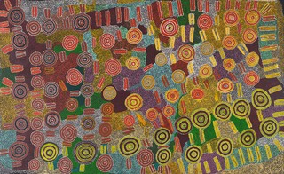 Jimija Jungarrayi Spencer, Collaborating artist, Australia b.c.1908-1989 / Paddy Jupurrurla Nelson, Collaborating artist, Australia 1919-1999 / Wakulyarri Jukurrpa (Rock Wallaby Dreaming) 1987 / Synthetic polymer paint on canvas / 170 x 280cm / Purchased 1995 with a special allocation from the Queensland Government. Celebrating the Queensland Art Gallery’s Centenary 1895-1995 / Collection: Queensland Art Gallery | Gallery of Modern Art / © Jimija Jungarrayi Spencer/Paddy Kumantjayi Jupurrurla Nelson/Copyright Agency, 2020