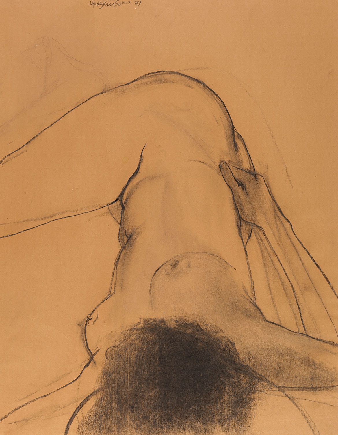 Frank Hodgkinson, Australia 1919-2001 / Nude Study 1971 / Charcoal on brown wove paper on cardboard / 73.6 x 57.3cm / Purchased 1972 with the assistance of an Australian Government Grant through the Visual Arts Board of the Australia Council / Collection: Queensland Art Gallery | Gallery of Modern Art / © Frank Hodgkinson/Copyright Agency