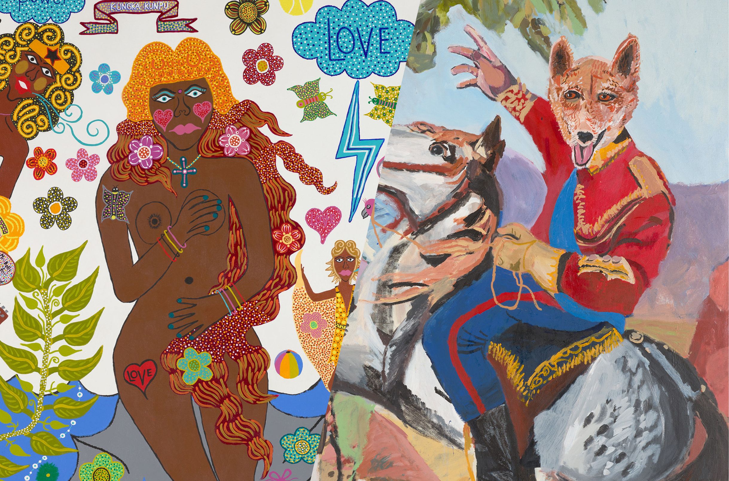 (l-r) Kaylene Whiskey, Yankunytjatjara people, Australia b.1976; Power, Love, Kungka Ku pu (Strong Women) 2023; Synthetic polymer paint on linen; 182 x 152cm; © Kaylene Whiskey; Courtesy: The artist and Iwantja Arts /Vincent Namatjira, Western Aranda people, Australia b.1983; Dingo Cavalerie 2025; Synthetic polymer paint on linen; 198 x 198cm; Courtesy: The artist and Iwantja Arts; © Vincent Namatjira/Copyright Agency / Proposed for the Queensland Art Gallery | Gallery of Modern Art Collection
