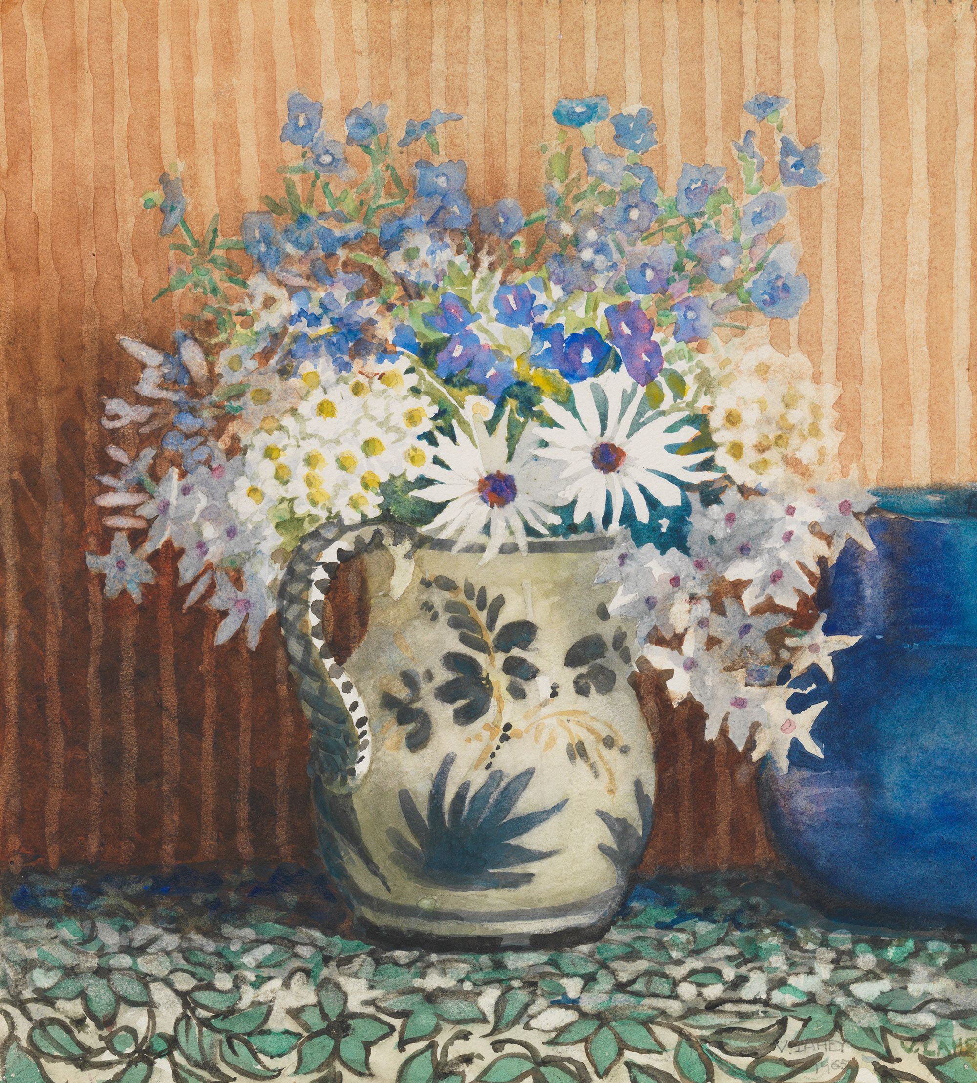 Vida Lahey, Queensland Australia 1882–1968 / Flower study (White daisies, phlox and petrea) 1965 / Watercolour over pencil on wove paper / 33 x 30cm / Gift of the artist’s sister, Mrs M E A Denholm 1969 / Collection: Queensland Art Gallery | Gallery of Modern Art / © QAGOMA