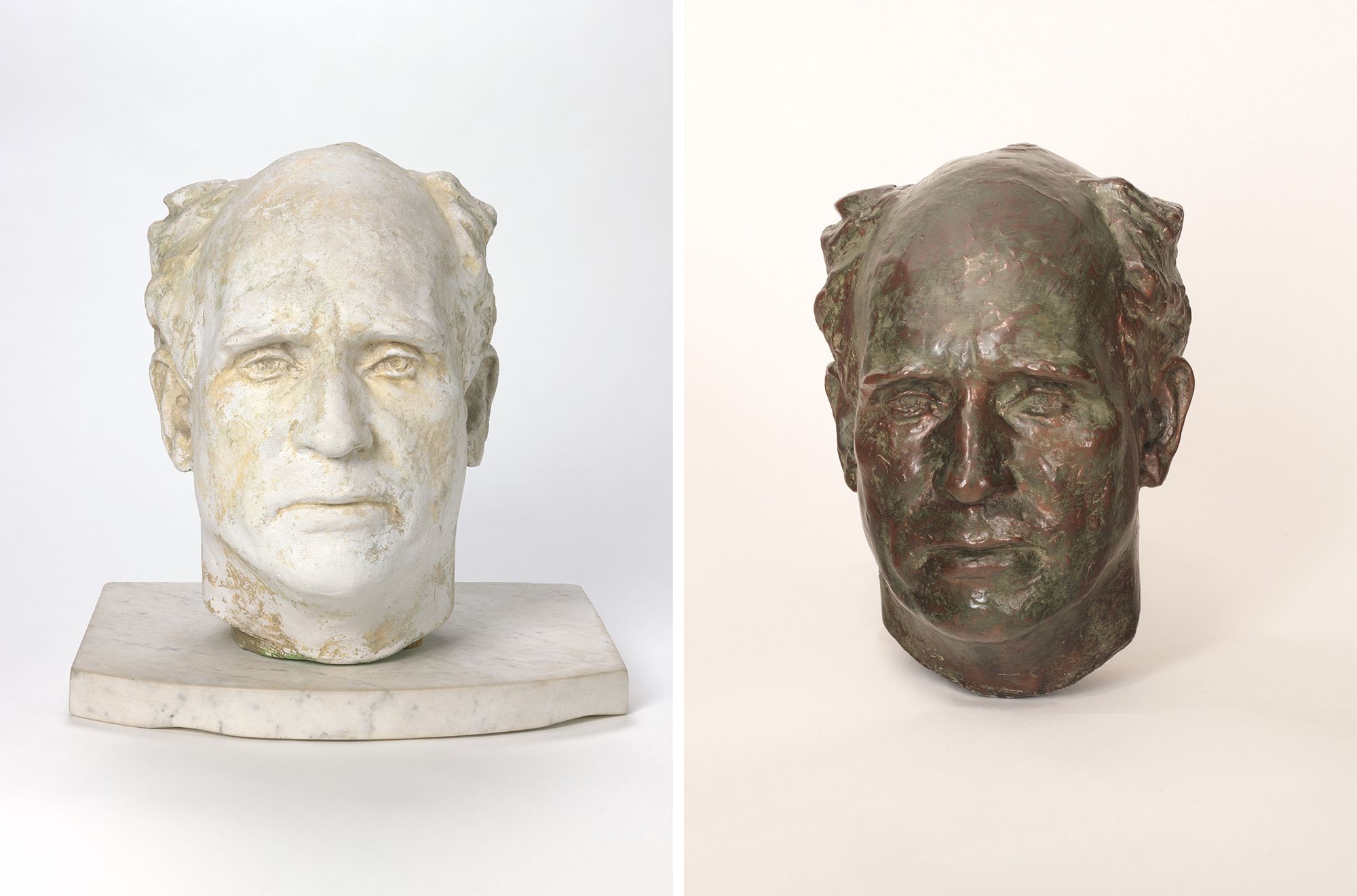 (l-r) Daphne Mayo, Australia 1895–1982 / Portrait of Lloyd Rees c.1944 / Plaster cast, 28 x 19.6 x 26.6cm, Gift of Alan and Jan Rees in memory of Lloyd Rees through the QAGOMA Foundation 2017. Donated through the Australian Government's Cultural Gifts Program / Bronze, 31 x 20 x 26cm, Purchased 1944 / Collection: Queensland Art Gallery | Gallery of Modern Art / © Surf Lifesaving Foundation and The United Church in Australia Property Trust (Q.)
