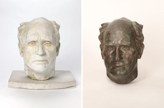 (l-r) Daphne Mayo, Australia 1895–1982 / Portrait of Lloyd Rees c.1944 / Plaster cast, 28 x 19.6 x 26.6cm, Gift of Alan and Jan Rees in memory of Lloyd Rees through the QAGOMA Foundation 2017. Donated through the Australian Government's Cultural Gifts Program / Bronze, 31 x 20 x 26cm, Purchased 1944 / Collection: Queensland Art Gallery | Gallery of Modern Art / © Surf Lifesaving Foundation and The United Church in Australia Property Trust (Q.)