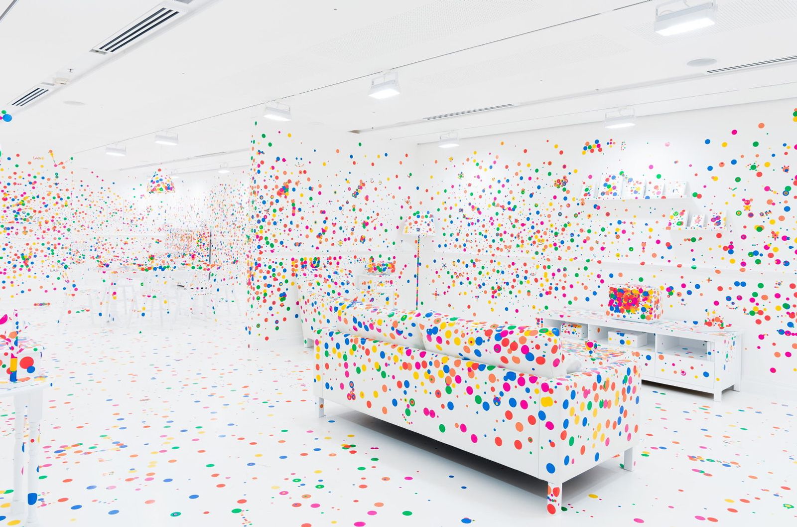 Yayoi Kusama, Japan b.1929 / The obliteration room 2002-present / Furniture, white paint, dot stickers / Collaboration between Yayoi Kusama and Queensland Art Gallery. Commissioned Queensland Art Gallery. Gift of the artist through the QAG Foundation 2012 / Collection: Queensland Art Gallery | Gallery of Modern Art / © Yayoi Kusama / Photograph N Harth © QAGOMA