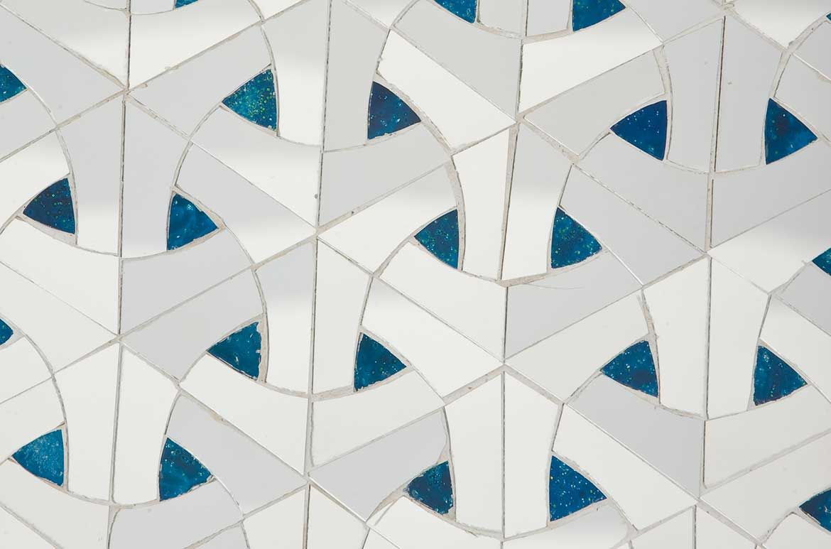 Monir Shahroudy Farmanfarmaian, Iran 1924-2019 / Lightning for Neda (detail) 2009 / Mirror mosaic, reverse-glass painting, plaster on wood / Six panels: 300 x 200 x 25cm (each); 300 x 1200 x 25cm (overall) / The artist dedicates this work to the loving memory of her late husband Dr Abolbashar Farmanfarmaian. Purchased 2009. QAG Foundation / Collection: Queensland Art Gallery | Gallery of Modern Art / © Monir Shahroudy Farmanfarmaian Estate