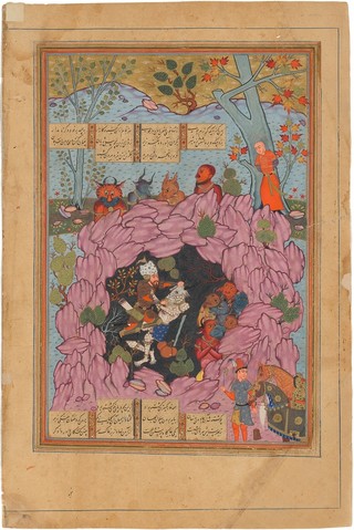 Unknown artist, Iran / Rustam battles the white demon (illustration from the Shahnameh) c.1570 / Opaque watercolour and gold on paper / 44 x 29cm / Purchased 2022 with funds from the Henry and Amanda Bartlett Trust through the QAGOMA Foundation / Collection: Queensland Art Gallery | Gallery of Modern Art