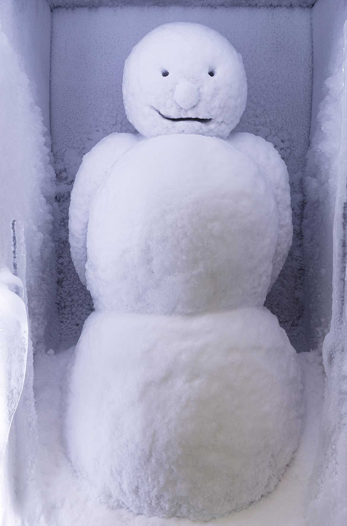 Peter Fischli, Artist, Switzerland b.1952 / David Weiss, Artist, Switzerland 1946-2012 / Snowman 1987/2017-19 / Ice sculpture in refrigerated vitrine / Vitrine: 218 x 209 x 140cm; snowman: 130 x 70cm (diam.) / Purchased 2019 with funds from Tim Fairfax AC through the Queensland Art Gallery | Gallery of Modern Art Foundation / Collection: Queensland Art Gallery | Gallery of Modern Art / © Peter Fischli and Estate of David Weiss/Courtesy: Spruth Magers, Berlin