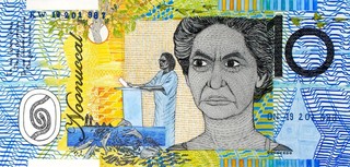 Ryan Presley, Marri Ngarr people, Australia b.1987 / Blood Money–Ten Dollar Note– Oodgeroo Noonuccal Commemorative (detail) 2010 / Watercolour on paper / Dimensions variable / Image courtesy: Ryan Presley and Milani Gallery, Brisbane / Photography: Carl Warner