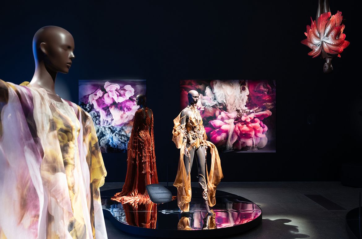 Kim Keever’s Abstract 37361b 2018 and Abstract 34733d 2017
installed in ‘Iris van Herpen: Sculpting the Senses’, GOMA 2024 / Photograph: N Umek © QAGOMA