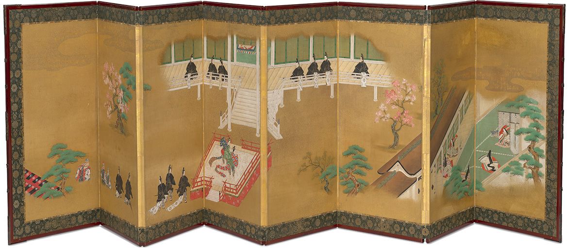 Tosa School, Japan / Eight-fold screen: Scenes from Genji Monogatari (Tale of Genji) 18th century / Ink and colour on silk on wooden framed screen with four pairs of metal hangers / 83 x 233cm (overall); 83 x 37.5cm (each panel) / Gift of James Fairfax AC through the QAGOMA Foundation 2018 / Collection: Queensland Art Gallery | Gallery of Modern Art