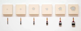 Robert MacPherson, Australia b.1937/ POLAR BEARS 1978 / Enamel on canvas; paint brushes / Six panels: 30 x 30cm (each); six paint brushes: varying sizes / Gift of Ray Hughes through the QAGOMA Foundation 2016. Donated under the Australian Government’s Cultural Gifts Program / Collection: Queensland Art Gallery / © Robert MacPherson
