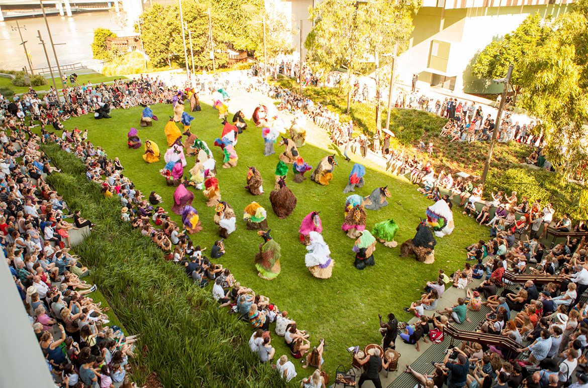 Performance of Nick Cave’s Heard 2012, GOMA, 2016 / Photograph: Chloe Callistemon / 15 wearable sculptures (six parts each) / Purchased 2016 to mark the tenth anniversary of the Gallery of Modern Art with funds from the Josephine Ulrick and Win Schubert Diversity Foundation through the Queensland Art Gallery | Gallery of Modern Art Foundation / Collection: Queensland Art Gallery / © The artist
