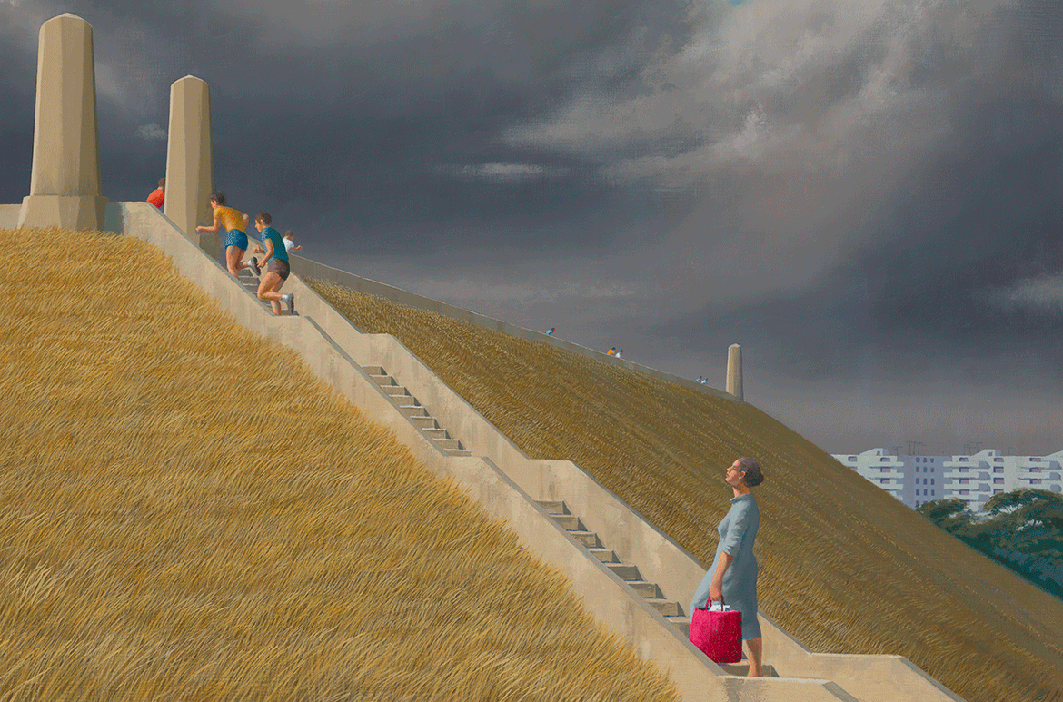 Jeffrey Smart, Australia/Italy 1921-2013 / The reservoir, Centennial Park 1988 / Oil on canvas / 72 x 91.6cm / Purchased 1989 with funds from Coles-Myer through the QAG Foundation / Collection: Queensland Art Gallery | Gallery of Modern Art / © Jeffrey Smart Estate
