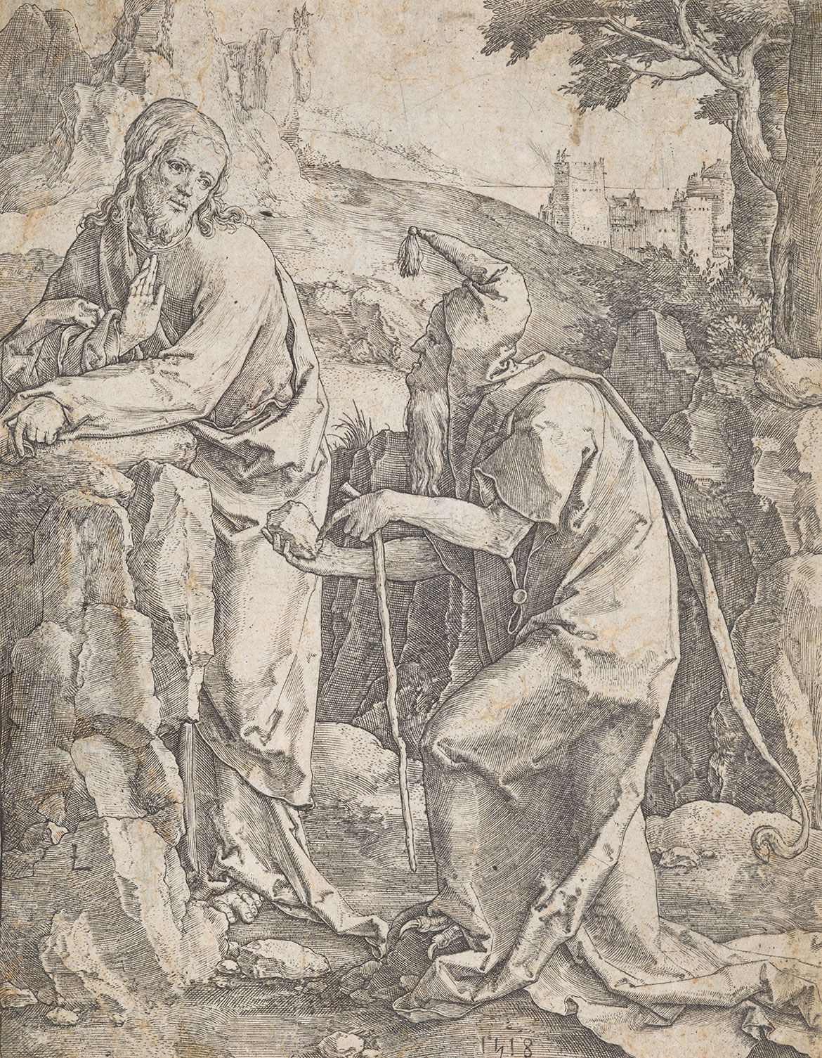 Lucas Van Leyden, The Netherlands 1494-1533 / The Temptation of Christ (also known as ‘The Temptation of Jesus in the Desert’) 1518 / Engraving on paper / 17.3 x 13.5 cm (irreg.) / Gift of Dr Morris Low through the Queensland Art Gallery | Gallery of Modern Art Foundation 2016. Donated through the Australian Government’s Cultural Gifts Program / Collection: Queensland Art Gallery | Gallery of Modern Art