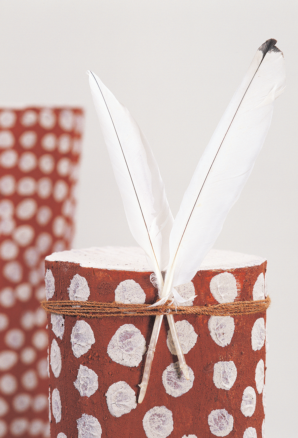 Ron Yunkaporta, Wik-Ngathan people, Australia b.1956/ Thuuth thaa’ munth (Law poles) 2002-03 / Cottontree wood (Hibiscus tiliaceus), ibis feathers, bush string with natural pigments / 15 components: 159 x 250 x 250cm (installed) / Acc. 2003.171a-o / Collection: Queensland Art Gallery | Gallery of Modern Art / © Ron Yunkaporta