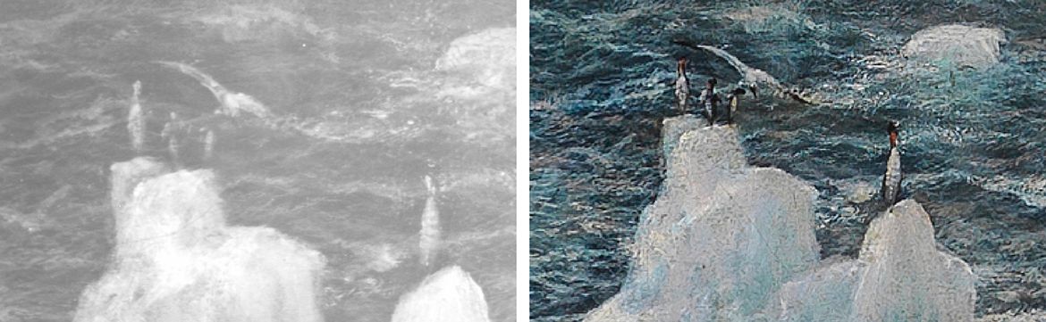 Isaac Walter Jenner, England/Australia 1836-1902 / Cape Chudleigh, Coast of Labrador (detail) 1893, reworked 1895 / (L to R) IRR; and visible light macro