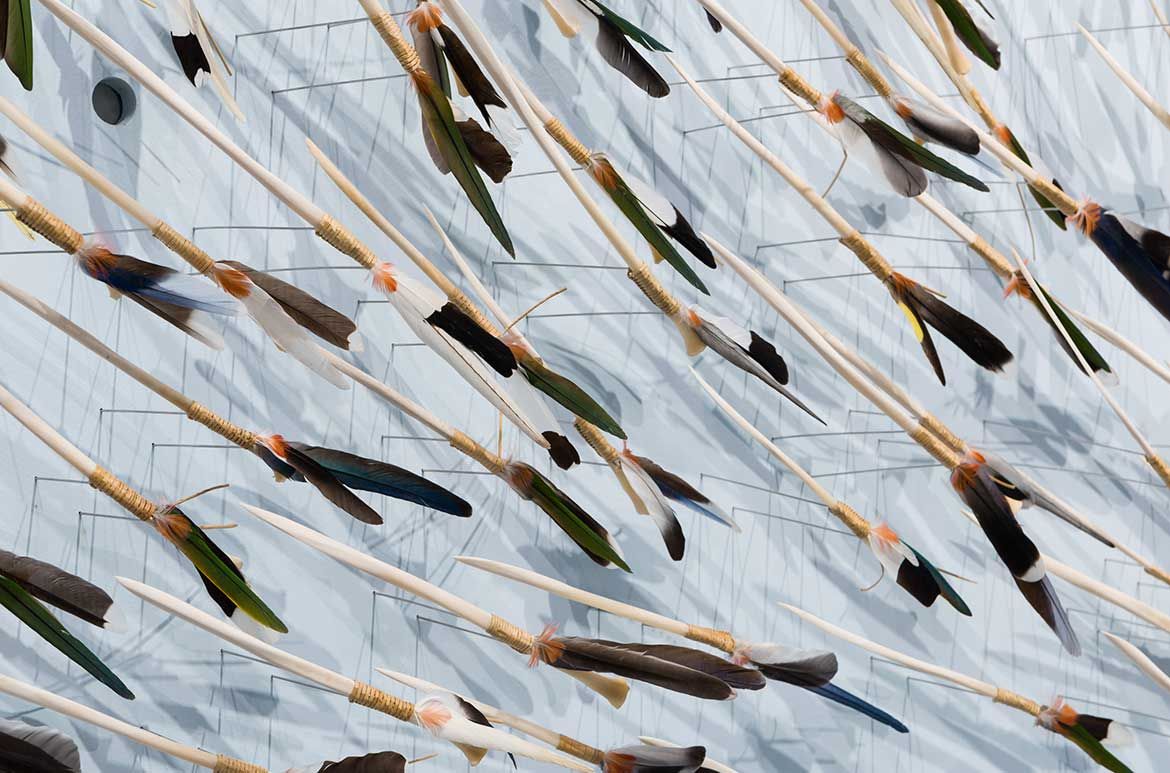 Jonathan Jones, Wiradjuri/Kamilaroi peoples, Australia b.1978, with Dr Uncle Stan Grant Snr AM, Wiradjuri people, Australia b.1940 / (untitled) giran (detail) 2018 / Bindu-gaany (freshwater mussel shell), gabudha (rush), gawurra (feathers), marrung dinawan (emu egg), walung (stone), wambuwung dhabal (kangaroo bone), wayu (string), wiiny (wood), 48-channel soundscape / Sound design: Luke Mynott, Sonar Sound / Purchased 2018 with funds from Tim Fairfax AC through the Queensland Art Gallery | Gallery of Modern Art Foundation / Collection: Queensland Art Gallery | Gallery of Modern Art / © The artists / Photograh: N Harth © QAGOMA / This project was assisted by the Australian Government through the Australia Council, its arts funding and advisory body; the NSW Government through Create NSW; the Copyright Agency Cultural Fund; and by Carriageworks through the Solid Ground program.