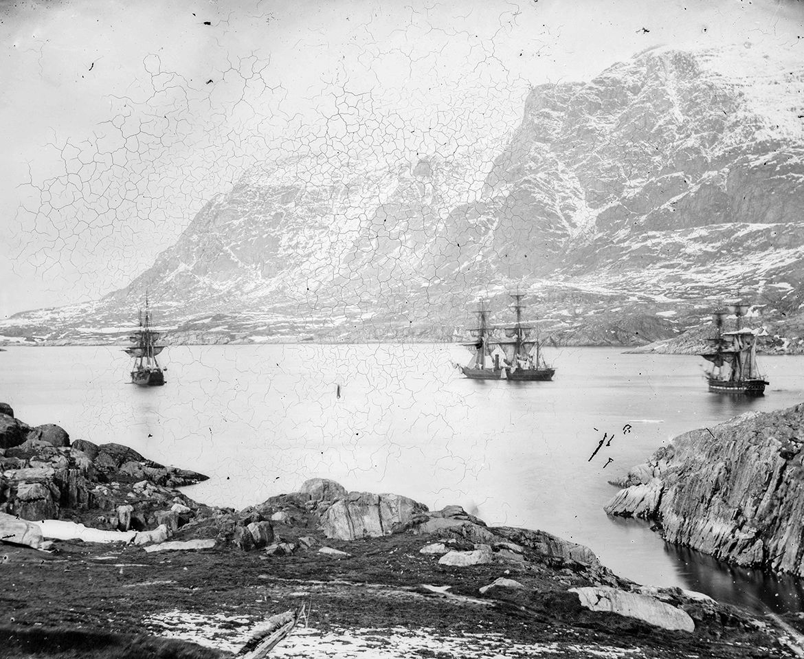 Captain Edward Augustus Inglefield (photographer) / HMS Phoenix, HMS Talbot and HMS Diligence at anchor on their way northward to supply the Franklin search expedition under Captain Sir Edward Belcher c. 8–17 June 1852 / G4254 / Image courtesy: Historic Photographs