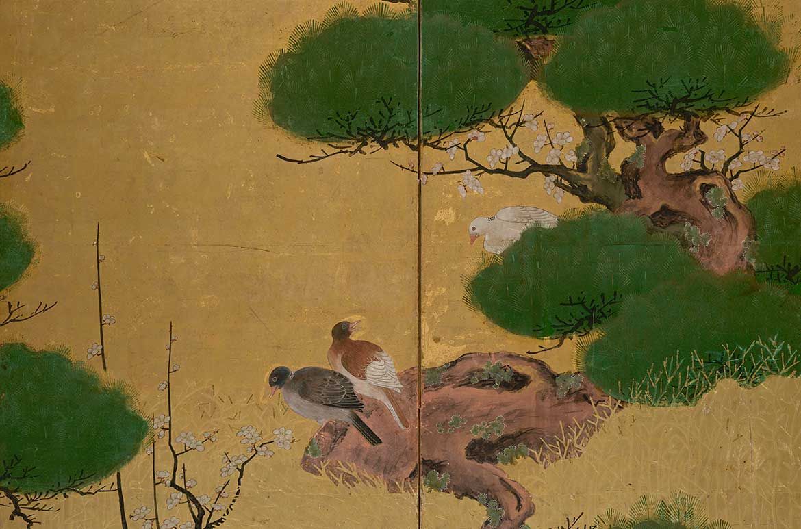 Tosa School, Japan / Pair of six-fold screens with pine trees (detail) c.1650 / Gold leaf with moriage detail and colour on paper on wooden framed screens / 165 x 374cm (each screen); 165 x 62cm (each panel) / Bequest of James Fairfax AC through the QAGOMA Foundation 2018 / Collection: Queensland Art Gallery | Gallery of Modern Art