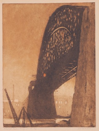 Jessie Traill, Australia 1881–1967 / The Red Light, Harbour Bridge, June 1931 1932 / Aquatint, hand-coloured on yellowed Oriental paper / 41.6 x 31.7cm / Purchased 1949 / Collection: Queensland Art Gallery | Gallery of Modern Art / © Jessie Traill/Copyright Agency