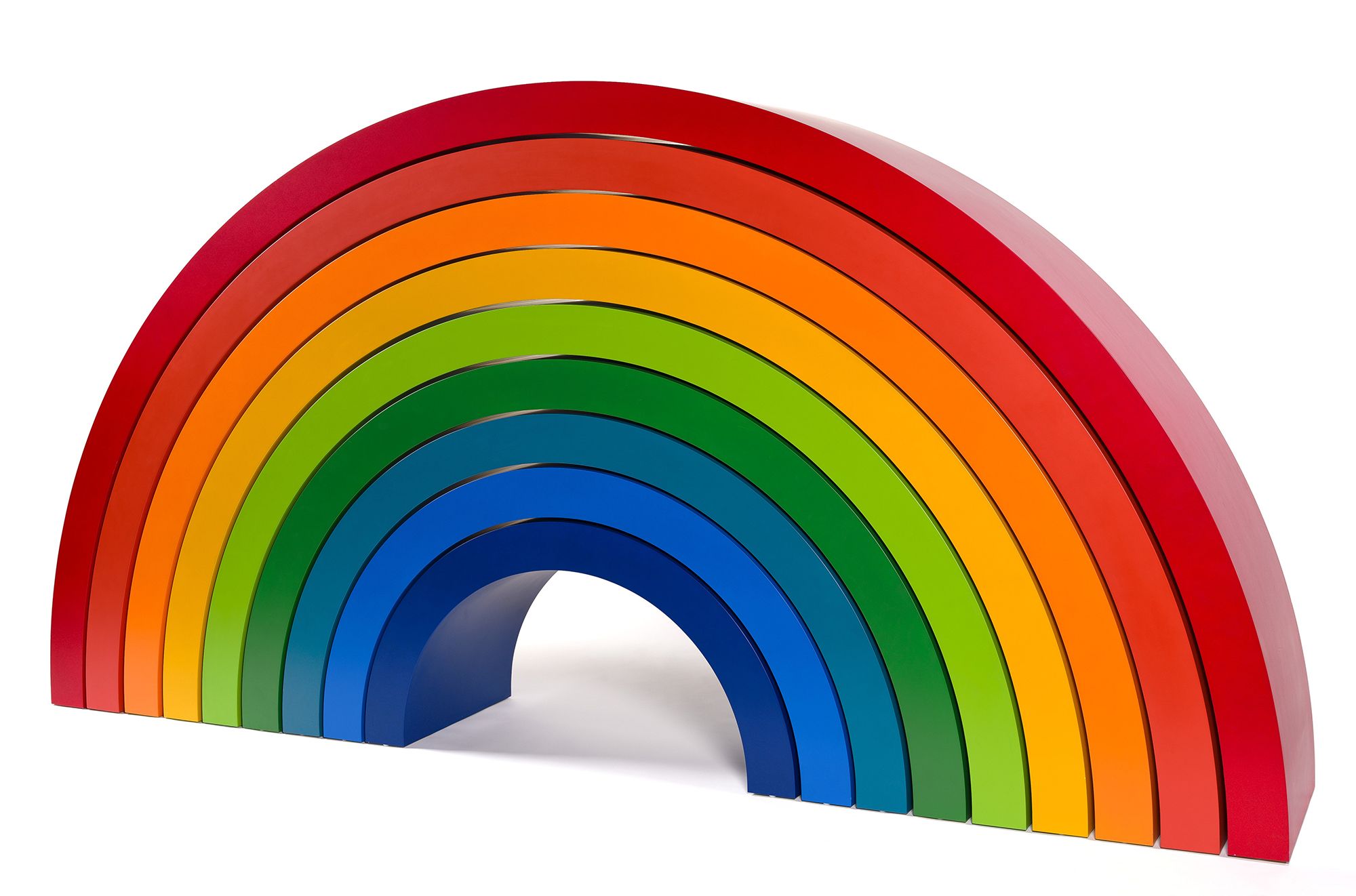 Emily Floyd, Australia b.1972 / Steiner rainbow 2006 / Two-part epoxy paint on medium density fibreboard / Nine parts. Part a (dark blue): 54 x 131 x 60cm; part b (light blue): 82 x 160 x 60cm; part c (teal): 96 x 188 x 60cm; part d (dark green): 110 x 217 x 60cm; part e (light green): 124.5 x 245 x 60cm; part f (yellow): 139 x 275 x 60cm; part g (orange): 154 x 303 x 60cm; part h (light red): 166 x 334 x 60cm; part i (deep red): 180 x 362.5 x 60cm. / Gift of the artist through the QAG Foundation 2011. Donated through the Australian Government's Cultural Gifts Program / Collection: Queensland Art Gallery | Gallery of Modern Art / © Emily Floyd