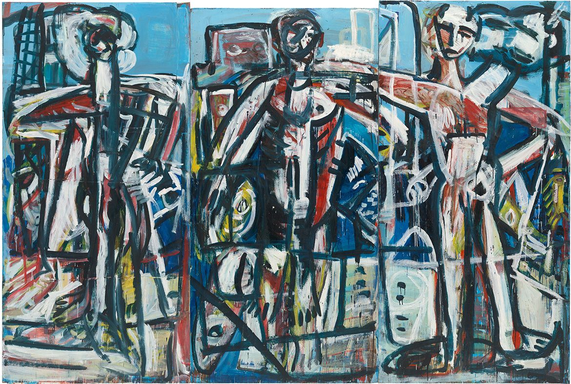 Joe Furlonger, Australia b.1952 / Fishermen 1985 / Oil on paper on composition board / Triptych: 244.5 x 362.9cm / Purchased 1988 / Queensland Art Gallery | Gallery of Modern Art / © Joe Furlonger
