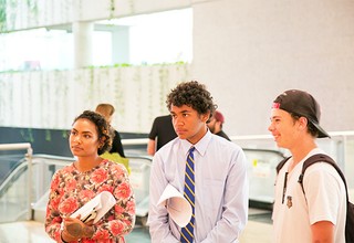 Anni Dorante, Raven Jacobs and Kieran Simpson exploring ‘Everywhen, Everywhere’ at the Queensland Art Gallery. Photography by David Williams, Gilimbaa