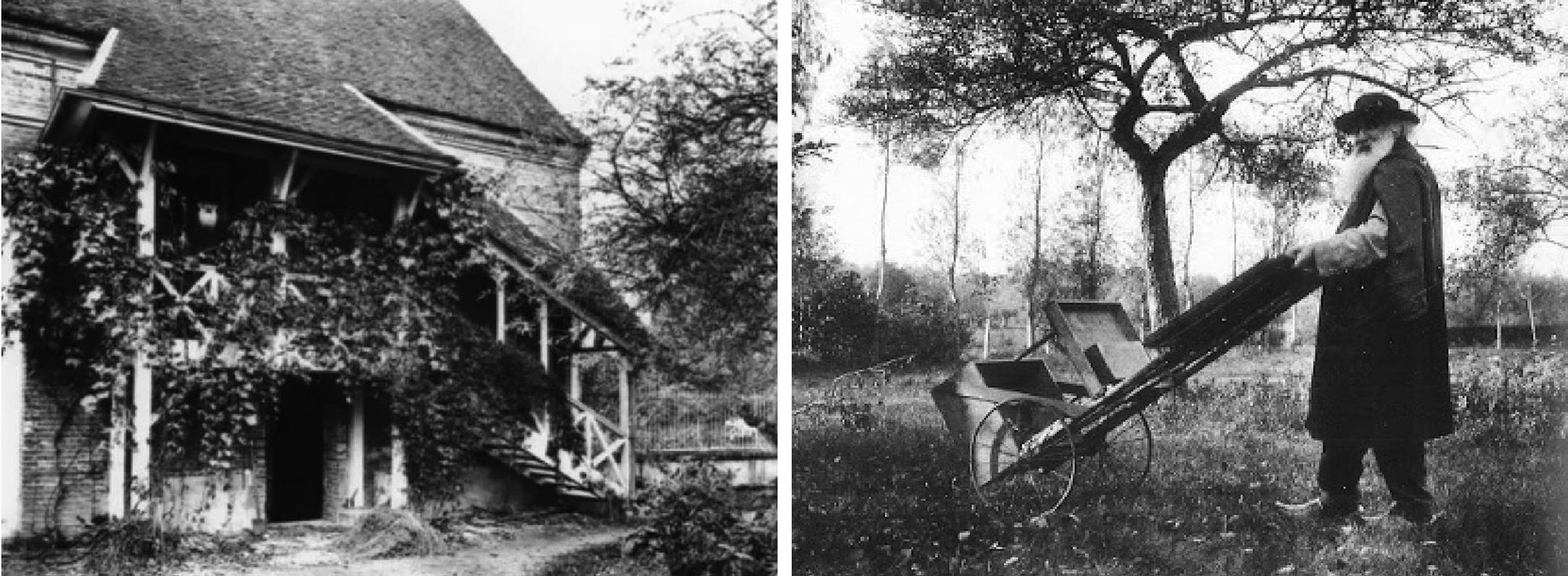 (l-r) Exterior view of Camille Pissarro's studio in Éragny / Camille Pissarro with his mobile easel, Éragny c.1900 / Courtesy: Musée Pissarro Archives, Pontoise