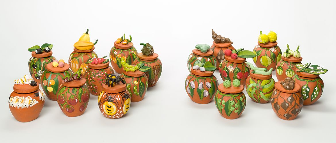 Rona Rubuntja, Potter, Arrernte people, Australia b.1970 / Hermannsburg Potters, Pottery workshop, Australia est. 1990 / ‘Bush tucker’ series 2009 / Earthenware, hand-built terracotta clay with underglaze colours and applied decoration / 13 x 9cm / Purchased 2010 with funds raised through the QAG Foundation Appeal / Collection: Queensland Art Gallery | Gallery of Modern Art / © Rona Rubuntja