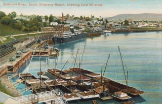 Unknown, Australia / Brisbane River, South Brisbane Reach, showing coal wharves (from 'Coloured Shell Series: Brisbane Views (series 8)') c.1905-15 / Postcard: Colour lithograph on paper / 9 x 14cm / Gift of Glenn R Cooke through the QAGOMA Foundation 2014 / Collection: Queensland Art Gallery | Gallery of Modern Art