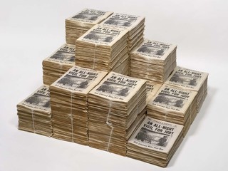 Mathew Jones, Australia b.1961 / About 1,000 copies of The New York Daily News on the day that became the Stonewall Riot copied by hand from microfilm records 1997 / 20 bundles of web-printed newspapers tied with string and 75 loose web-printed newspapers / 20 bundles: 25 x 47 x 32cm (each, approx.); 75 newspapers: 39 x 29cm (each, folded) / Gift of the artist through the Queensland Art Gallery Foundation 1999 / Collection: Queensland Art Gallery | Gallery of Modern Art / © Mathew Jones