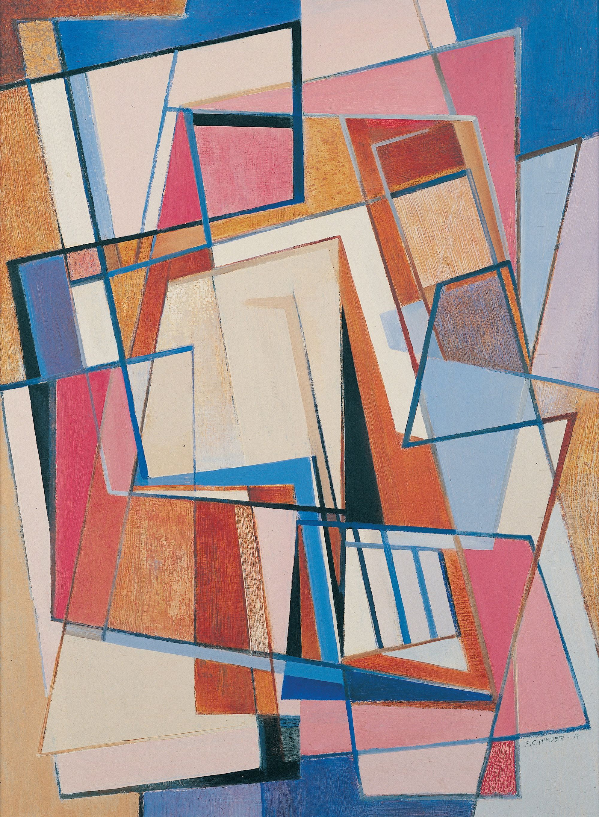 Frank Hinder, Australia 1906–92 / Studio abstract 1954 / Oil on composition board / 76.8 x 57.3cm / Purchased 1975 / Collection: Queensland Art Gallery | Gallery of Modern Art / © Frank Hinder Estate