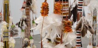 Henry Gambika Nupurra Dhamarandji; Trevor Gurruwiwi; Richard Galnardiwuy; Gali Yalkarriwuy Gurruwiwi; David Lakarriny Gurruwiwi Paul Gurruwiwi / Banumbirr (Morning star poles) )(detail) / Bark fibre string, feathers, native beeswax, synthetic polymer paint on wood, cotton thread, natural pigments on wood / Collection: Queensland Art Gallery / © The artists