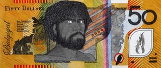 Ryan Presley, Marri Ngarr people, Australia b.1987 / Blood Money–Fifty Dollar Note–Bembulwoyan Commemorative (detail) 2010 / Watercolour on paper / Dimensions variable / Image courtesy: Ryan Presley and Milani Gallery, Brisbane / Photography: Ryan Presley