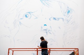 Ben Quilty has created a series of site-specific, hand-drawn portraits of Margaret Olley, using a range of objects cast in chalk such as teapots, jugs and other vessels.