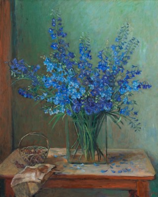Margaret Olley, Australia 1923-2011 / Delphiniums and cherries 1976 / Oil on board / 122 x 98cm / Private collection / © Estate of Margaret Olley