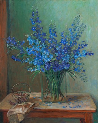 Margaret Olley, Australia 1923-2011 / Delphiniums and cherries 1976 / Oil on board / 122 x 98cm / Private collection / © Estate of Margaret Olley